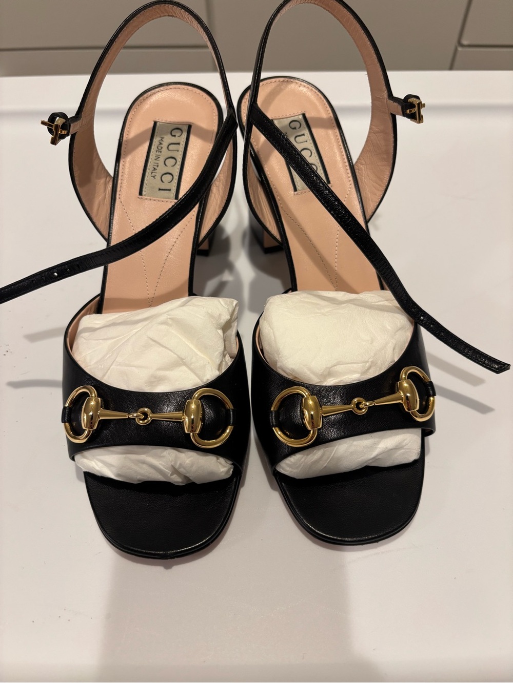 Gucci Black Leather Slingback Heels with Gold Horsebit